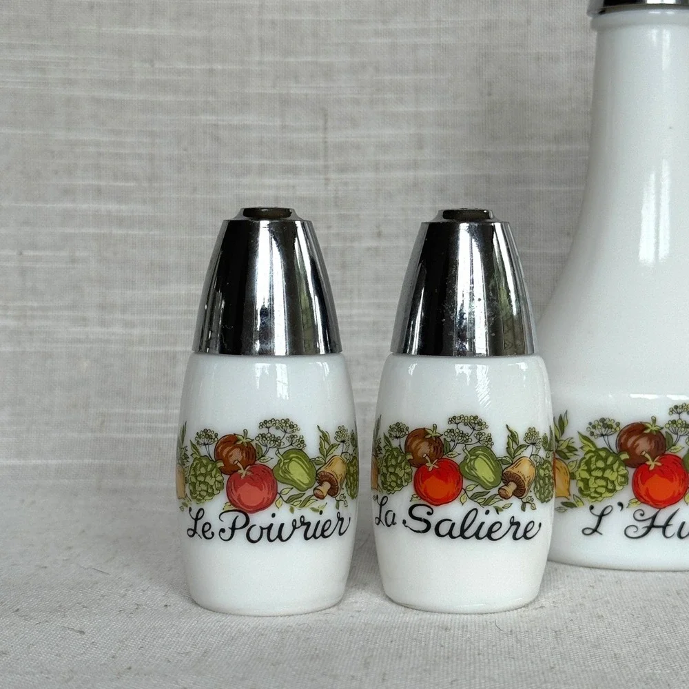 Vintage Milk Glass Oil Vinegar Salt Pepper Set French Vegetable Garden 4 Piece